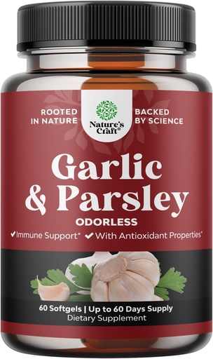 [BRSWKFIBAUHGKC32] Concentrated Odorless Garlic Softgels - Parsley Extract & Aged Garlic Supplements - Parsley Softgels for Gut Support - 60 Ct