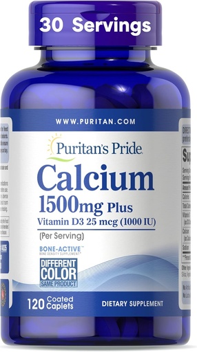[BRSWIEIEOUIACFTA] Puritan Pride Absorbable Calcium 1500 mg Plus Vitamin D3 25mcg 1000 IU, Dietary Suplemen untuk Kekuatan Tulang, Jantung, Nerve, Muscle, dan Dukungan Imune, 120 Caplets Berlapisan