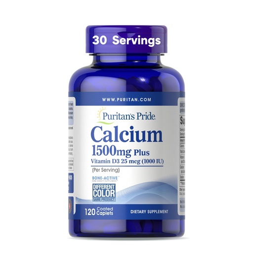 [BRSWIEIEOUIACFTA] Puritan's Pride Absorbable Calcium 1500 mg Plus Vitamin D3 25mcg 1000 IU, Dietary Supplement for Bone Strength, Heart, Nerve, Muscle, and Immune Support, 120 Coated Caplets
