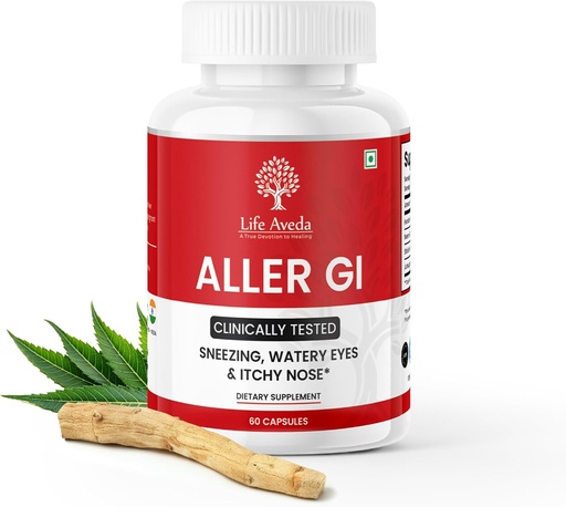 [BRSROCYBA4FBGH3D] Life Aveda Aller Gi - Complete Allergy Relief Medicine (500mg) for Runny Nose, Sneezing, Itchy, Watery Eyes | All-in-One Ayurvedic Medicine for Seasonal Allergy | 60 Capsules (2 Month Supply)