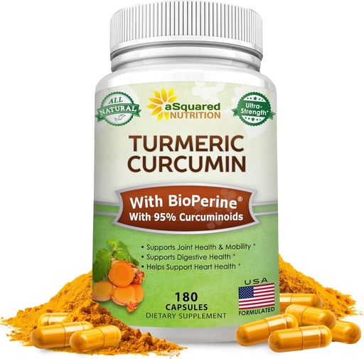 [BRSWKEAHCQORSF3U] ASquared Nutrition Turmeric Curcumin 1300mg with BioPerine Black Pepper Extract - 180 Capsules - with 95% Curcuminoids, 100% Natural Tumeric Root Powder supplements, Pure & Joint Stiffness Pills