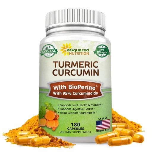 [BRSWKEAHCQORSF3U] aSquared Nutrition Turmeric Curcumin 1300mg with BioPerine Black Pepper Extract - 180 Capsules - with 95% Curcuminoids, 100% Natural Tumeric Root Powder Supplements, Pure & Joint Stiffness Pills