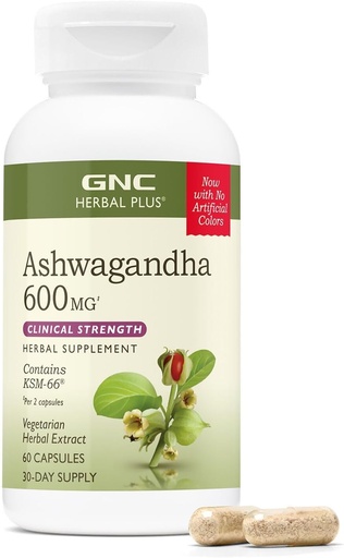 [BRSWKHYTAYBBMG3V] GNC Herbal Plus Ashwagandha 600mg Supplement, Clinical Strength, Vegetarian, Stress Relief Support, 30 Servings