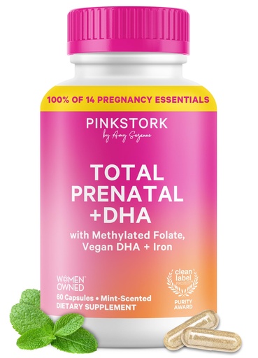 [BRSROCA2AF5BACA2] Pink Stork Total Prenatal Vitamins for Women | Vegan DHA, Methylfolate, Iron, Choline, Vitamin B12 | Preconception Nutrition | No Fishy Burps | Pregnancy Essentials | Clean Label Award, 60 Count, Mint