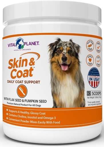 [BRSWGYYTBN7RSGYY] Vital Planet - Skin and Coat Powder Supplement for Dogs with Choline, Inositol, Pumpkin, Flax and Omega-3 Oils to Support a Soft Shiny Healthy Coat and for Seasonal Allergies - 60 Scoops, 111g, 3.92oz