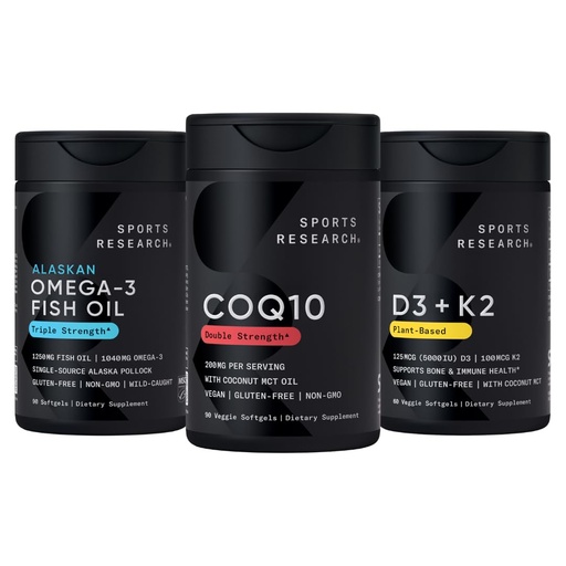 [BRSRAYY7CQNRA23H] Sports Research® Body Wellness Pack - Wild Alaskan Pollock Omega-3 Fish Oil 1250mg, 200mg CoQ10 Enhanced w/Coconut MCT Oil & Vegan 5000IU Vitamin D + 100mcg Mk7 Vitamin K2