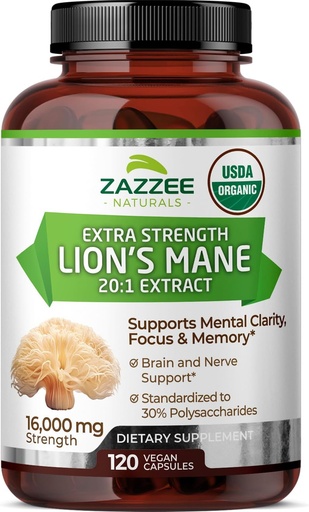 [BRSROFQ7OEFBS2DJ] Zazzee USDA Organic Lion's Mane 20:1 Extract, 30% Polysaccharides, 16,000 mg Strength, 120 Vegan Capsules, Nootropic for Brain Health, Focus, Memory, Concentration and Immune Support, Made in The USA