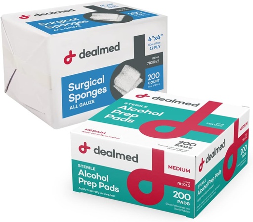 [BRSRMZYLOF6AGCIV] Dealmed Alcohol Prep Pads and Gauze Sponge Bundle | 200 Count Medium Size Alcohol Pads Plus 4" x 4" Surgical Sponge Gauze Pads 200 Count