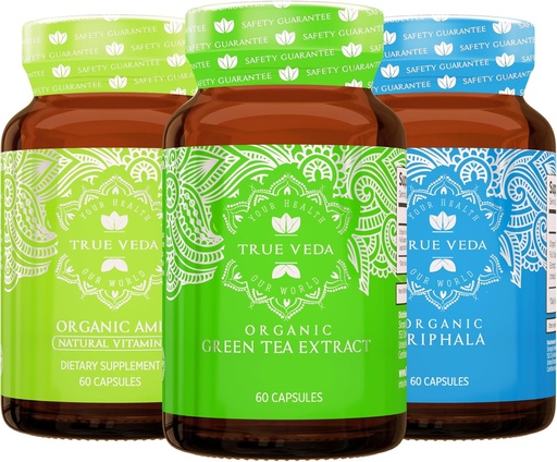 [BRSRA2QLOABBS2AY] True Veda Digestion and Detox Bundle USDA Organic | Multi-Award-Winning | Green Tea | Amla with Vitamin C | Triphala Capsules
