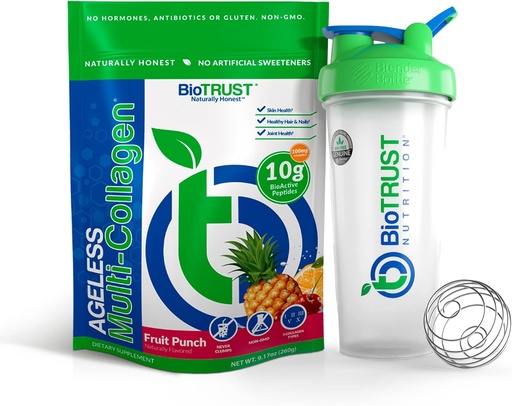 [BRSRMAIZAAHGOH35] BioTrust Agless Multi kolagen 5- in-1 Protein prášek (ovocný punč) BlenderBottle Bundle