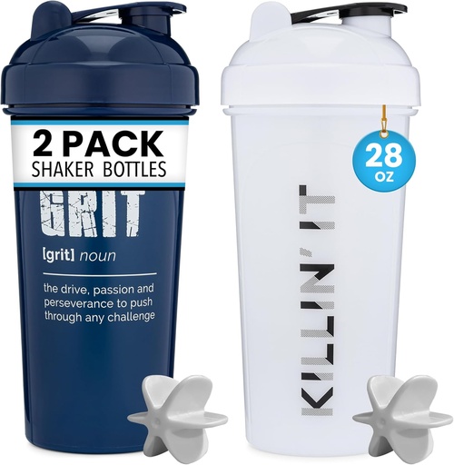 [BRSRMAIDC57WMFA2] GOMOYO [2 Pack] 28oz Shaker Bottle with Motivational Quotes (White Killin' It & Navy Grit) | Protein Mixer Agitators for Mixes Pack is BPA Free Dishwasher Safe