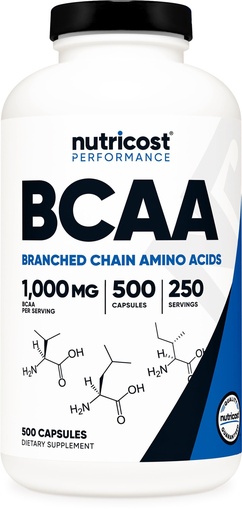 [BRSWKF3QBYOQGHTA] Nutricost BCAA 1000mg, 500 Capsules (250 Serv), 2:1:1 Branched Chain Amino Acids (500mg of L-Leucine, 250mg of L-Isoleucine and L-Valine)