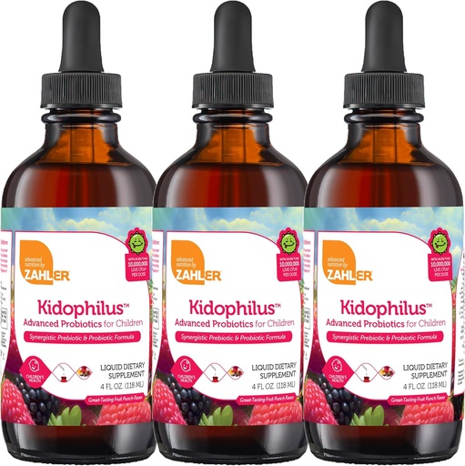 [BRSRAAL7AV7AAA3F] Zahler - Kidophilus Liquid Drops Probiotics for Kids (4 Fl Oz) Certified Kosher, for Healthy Digestion & Immune Support - Fruit Punch Flavored Children's Probiotic Drops Supplement (3 Pack)