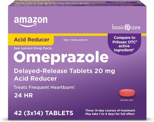 [BRSWGZQPOINQGDYU] Базовий догляд Omeprazole Delayed Release Tablets 20 мг, Treats Frequent Heartburn, Acid редуктор, Heartburn Medicine, 42 Count (Pack of 1) (Packaging може відрізнятися)