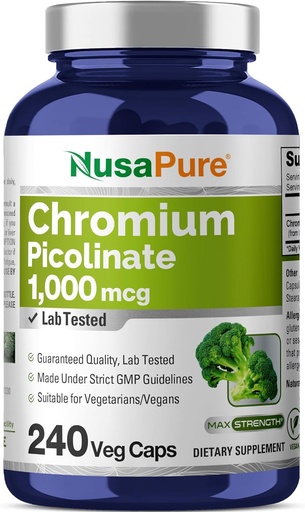 [BRSWGZY7AEHRE334] NusaPure Chromium Pikolinate 1000mcg 240 Kapsułki wegetariańskie (Non-GMO, Vegan)