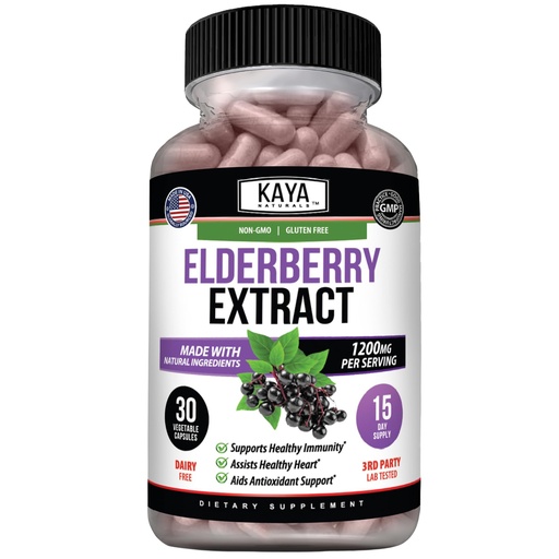 [BRSRMEDROYJR4ETX] Kaya Naturals Elderberry Immune Support - Elderberry Extract, Rich Antioxidant Premium Vitamins, 1200mg Immune System Booster Sambucus Capsules - 30 Count