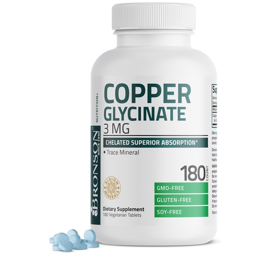[BRSRAHD7DIJQYGYU] Bronson Copper Glycinate 3mg Chelated Superior Absorption Non-GMO, 180 Vegetarian Tablets