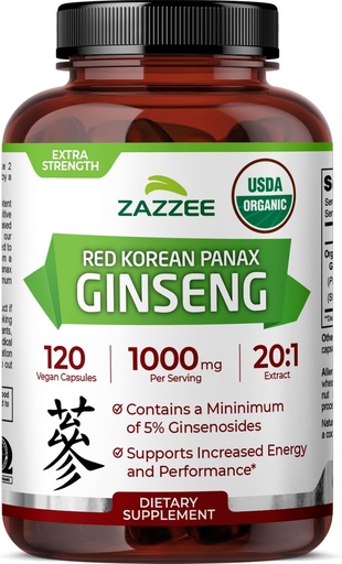 [BRSWGFL3B55AGCLV] Zazzee USDA Organic Red Korean Panax Ginseng 20:1 Extract, 1000 mg, 5% Ginsenosides, 120 Vegan Capsules, Standardized and Concentrated 20X Root Extract, 100% Vegetarian, All-Natural, Made in The USA