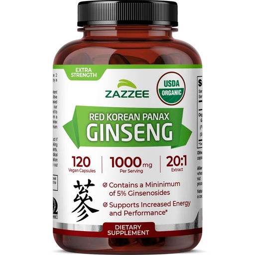 [BRSWGFL3B55AGCLV] Zazzee USDA Organic Red Korean Panax Ginseng 20:1 Extract, 1000 mg, 5% Ginsenosides, 120 Vegan Capsules, Standardized and Concentrated 20X Root Extract, 100% Vegetarian, All-Natural, Made in the USA