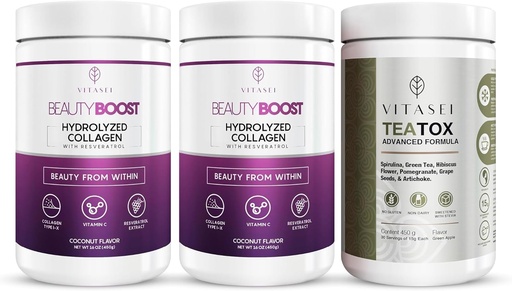 [BRSRAEINAUNRMCTZ] VITASEI Hydrolyzed Collagen Peptides Powder with Vitamin C & Resveratrol and Teatox Cleanse Support Powder, Digestion Booster W/Green Tea, Spirulina, Artichoke