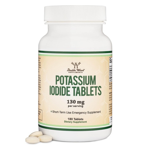 [BRSRMHAFCEBB423B] Potassium Iodide 130mg Tablets - Emergency Use for Exposure - 180 Count, 3 Month Supply - Double Wood Supplements