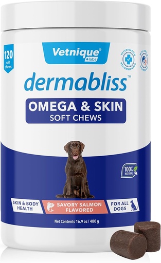 [BRSW2AQTAV6RMYL3] Vetnique Dermabliss Omega & Skin Health Fish Oil for Dogs Pehmed närid Tervislik nahk & Coat koertele Biotin & DHA - Hickory Salmon Dog Treats (120 Count Chews)