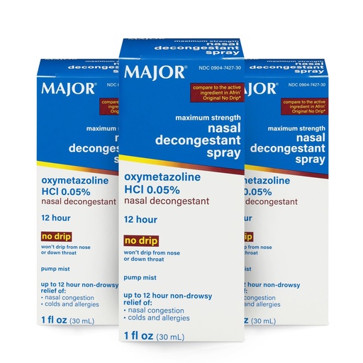 [BRSWYYI7CUBGOELK] MAJOR Maximum Strength Nasal Decongestant Spray, Oxymetazoline HCl 0.05% Pump Mist, Non-Drowsy Nasal Spray, up to 12-Hour Relief from Nasal Congestion, Colds, and Allergies 1 Fl. Oz. (3-Pack)