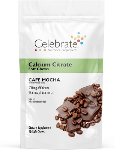 [BRSWGZADBN5RQ2T6] Celebrate Vitamins Bariatric Calcium Citrate Soft Chews with Vitamin D3, 500mg, Sugar-Free & Gluten-Free Calcium Citrate for Bariatric Patients, Cafe Mocha, 90 count