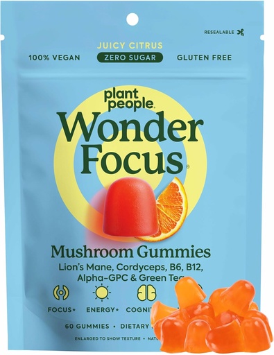 [BRSRMBD6A4IWKDLL] Plant People WonderFocus Mushroom Gummies with Lion’s Mane & Cordyceps - Nootropic Brain Supplement Boosts Memory, Focus, Energy & Mood in Adults | No Sugar, 100% Vegan, Citrus Flavor, 60 Count