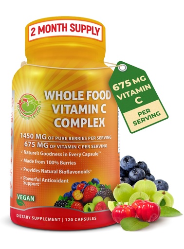 [BRSRAGDQCF4AG2Q6] Whole Food Vitamin C Complex - 1450mg Organic Berries - 675 mg Vitamin C per Serving, High-Potency Antioxidant & Immune Support with Acerola, Amla and Natural Bioflavonoids - Vegan, Non-GMO, 120 Count