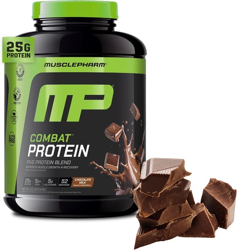 [BRSWIYILCUAGCH32] Muscle Pharm Combat Protein Powder, Chocolate Milk Flavor, Fuels Muscles for Productive Workouts, 5 Protein Sources Compreso Whey Protein Isolate & Egg Albumin, Gluten Free, 4 lb, 52 Servings