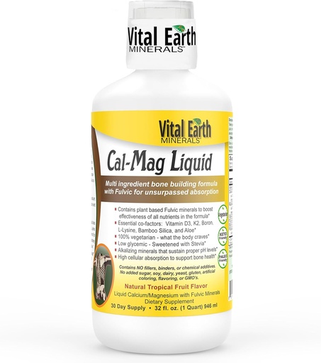 [BRSWIYYLAEDWAETM] Vital Earth Minerals Cal-Mag Liquid – Calcium Magnesium Supplement with Vitamin D3, K2, Boron, and Fulvic Acid for Faster Absorption, 32 Oz + 1 Oz Cup