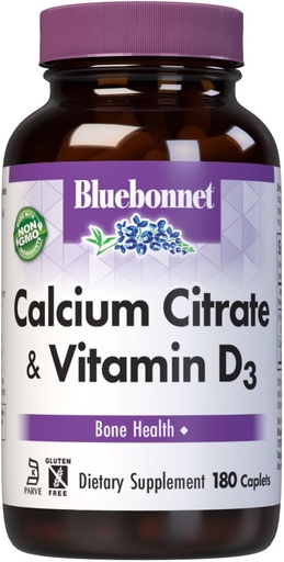 [BRSWIYY3BYGBWAIZ] Citrate de calcium de Bluebonnet avec vitamine D3 - Soutien immunitaire quotidien Bone Health & Strength Plus* 1000mg Supplément de calcium pour les femmes et les hommes - Non-OGM, sans gluten - 180 capsules