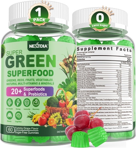 [BRSRAGQTAUNQGFDG] Super Greens Gummies, Greens Superfood Powder Alternative w/Spirulina, Chlorella, Prebiotic Fiber, Probiotic, Fruit Veggie, Daily Greens Vegetable for Digestive & Gut Health, Immunity, Focus, 60 Cts