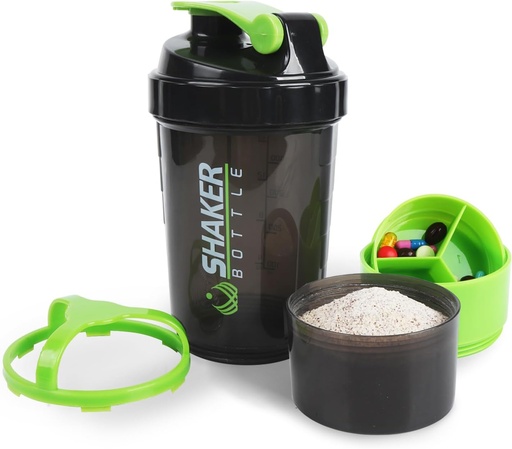 [BRSROFDYAAFGOHI3] Shaker Bottle - Protein Shaker Cup with Storage Compartments - Leak-proof Workout Shake Bottles with Mixer for Smooth Mixing-500ML/16oz (GREEN & BLACK)