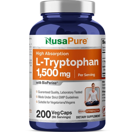 [BRSWGGQ7CQHRQGT6] NusaPure L-Tryptophan Capsules, 1500 mg, 200 Veggie Capsules (Non-GMO, Vegan)