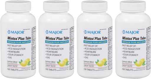 [BRSWIHLZPMMBWHQ7] MAJOR Mintox Plus Tabs - Antacid Plus Anti-Gas Tablets - Helps Quickly Relieve Acid Indigestion, Heartburn, Sour Stomach, and Gas - Lemon Mint Flavored - 100 Count (4 Pack)
