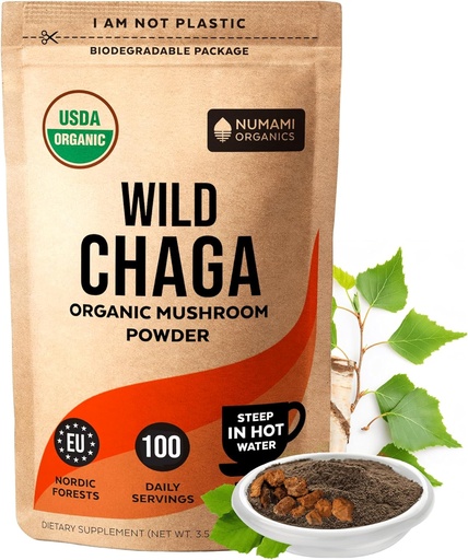 [BRSW2GA6AUNGG23X] Biologische Chaga Paddestoelen Poeder - Fijn poeder om Chaga Thee te maken voor Immune Defense en Meer Energie, Biologische Chaga is Wild Groeide en Duurzaam Geoogst in Europa, Gecertificeerde USDA Biologische, 100 porties