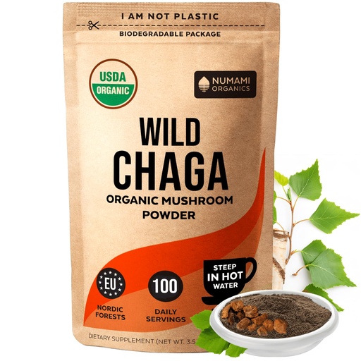 [BRSW2GA6AUNGG23X] Organic Chaga Mushrooms Powder - Fine Powder to Make Chaga Tea for Immune Defense and More Energy, Organic Chaga is Wild Grown and Sustainably Harvested in Europe, Certified USDA Organic, 100 servings
