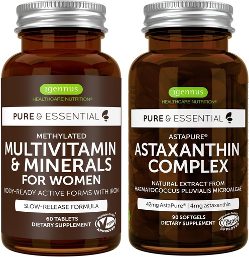 [BRSRMZQCCECR6GQU] Multivitamin & Minerals for Women + Astaxanthin Complex Vegan Bundle, Sustained Release Advanced Multivitamin with Iron + Natural 4 mg H. Pluvialis Astaxanthin, by Igennus
