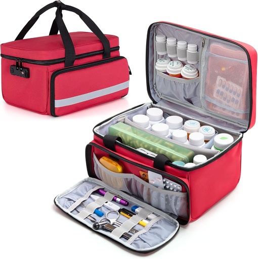 [BRSRMCT3AQCWY3D6] CURMIO Pill Bottle Organizer, Medicine Bag with Lock for Prescription Bottles and First Aid Kits, Red (Patented Design)