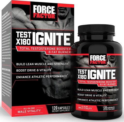 [BRSWIFI6B57RCELU] Force Factor Test X180 Ignite Total Testosterone Booster for Men with Fenugreek Seed and Green Tea Extract to Build Lean Muscle, Boost Energy, and Gellow Performance, 120 Count
