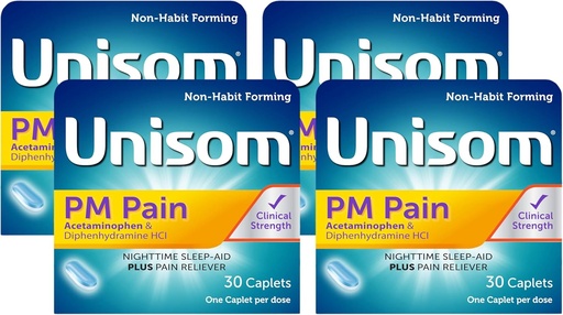 [BRSRAY35DJ5R6D3G] Unisom PM Pain Nighttime Sleep-aid + Pain Reliever, Acetaminophen & Diphenhydramine HCI, 30 Caplets, 50mg (Pack of 4)