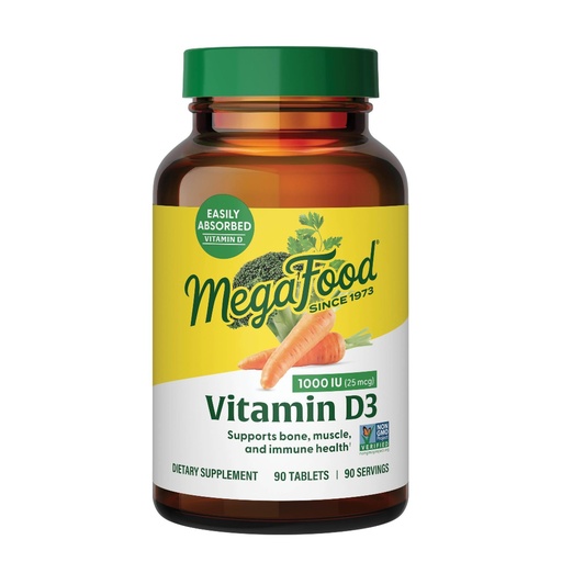 [BRSWIYYIAR7WYA3I] MegaFood Vitamin D3 1000 IU (25 mcg) - Vitamin D Supplements with Real Food, Immune Support, Supports Bones, Teeth & Muscles, Vegetarian, Gluten-Free, Non-GMO, Kosher – 90 Tablets, 90 Servings