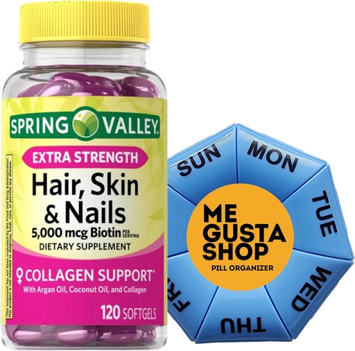 [BRSRMCABOQIRU23U] Extra Strength Hair, Skin & Nails Dietary Spring Valley Supplement, Biotin, Collagen, Gelatin 120 ct Includes Pill Organizer