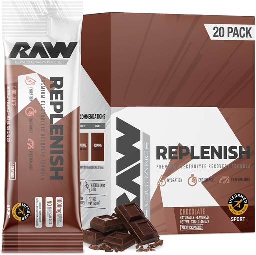 [BRSRA2YKAF6WKHLU] RAW Replenish Packets, Premium Electrolytes Powder Recovery Formula, Čokolada (20 Pack Packs) - Aromatizirana mešanica elektrolitskih pijač za hidracijo, odpornost, vzdržljivost in zmogljivost