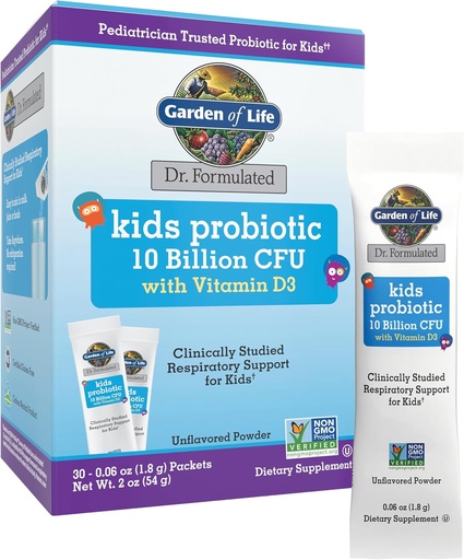[BRSRAAIKBB6WG3DB] Garden of Life Dr. Formulated Kids' 10 Billion CFU Probiotic Stick Pack with D3 – Supports Bones, Teeth & Immune Function, Unflavored Powder, 30ct Carton