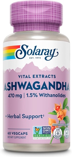 [BRSWIYTYCUPWC2D4] SOLARAY Vital Extractos Ashwagandha 470mg - Powerful Adaptogen - Ashwagandha Suplementos w/ 7mg Withanolides, Wellness Support, Vegan, Non-GMO, Lab Verified, 60-Day Guarantee, 60 Servings, 60 VegCaps