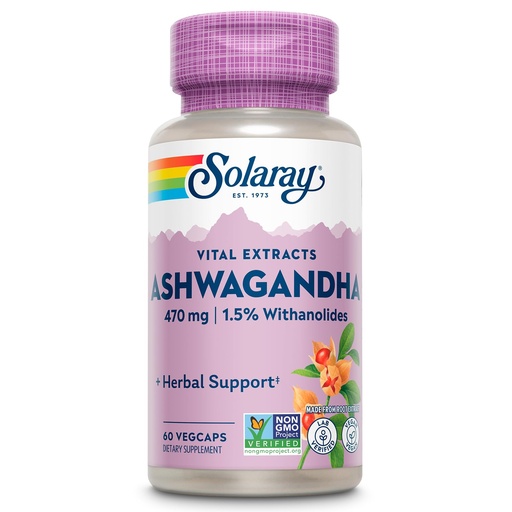 [BRSWIYTYCUPWC2D4] SOLARAY Vital Extracts Ashwagandha 470mg - Powerful Adaptogen - Ashwagandha Supplements w/ 7mg Withanolides, Wellness Support, Vegan, Non-GMO, Lab Verified, 60-Day Guarantee, 60 Servings, 60 VegCaps