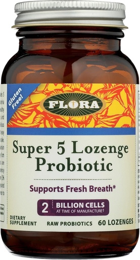 [BRSWIY3ZAYGAGDLY] Flora - Super 5 Lozenge Probiotic, Raspberry Flavored Oral Probiotic, Good for Bad Breath, Five Strains with 2 Billion CFU, Regain and Retain Gut Health, RAW, 60 Lozenges